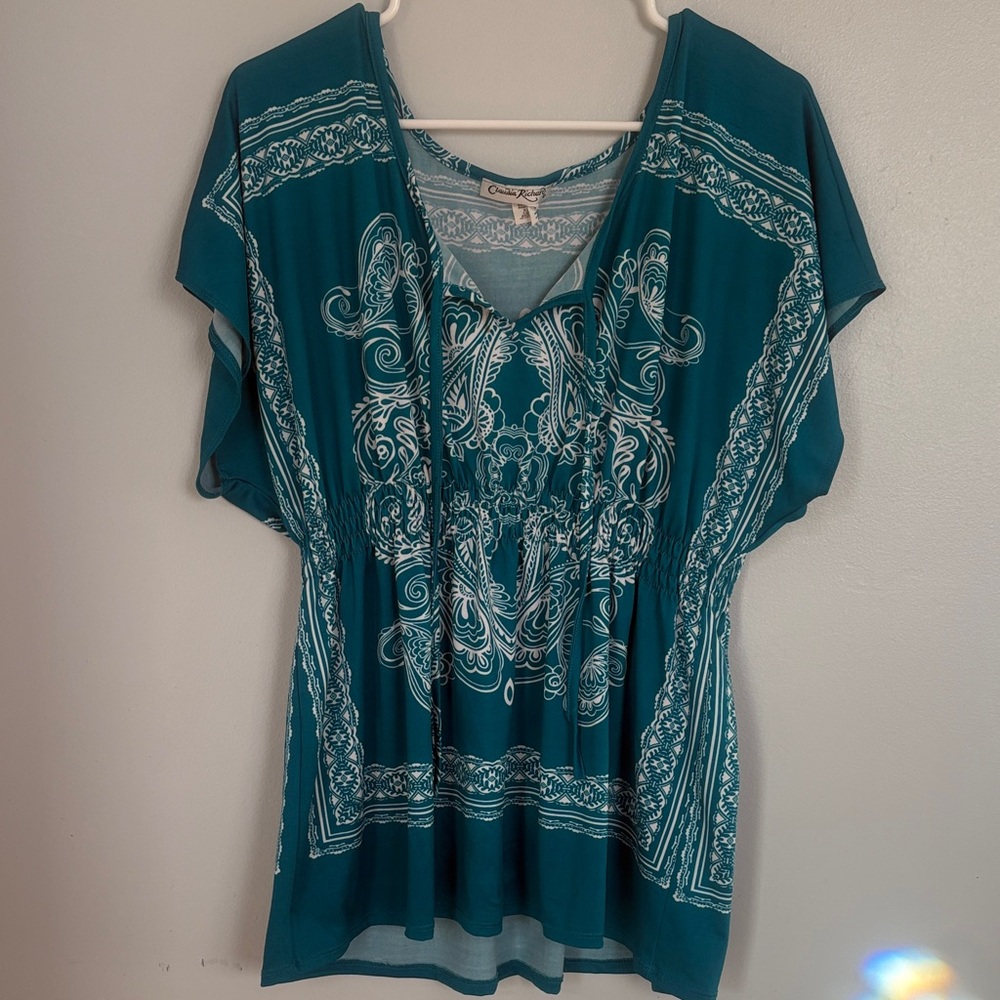 Cato Teal and White Paisley Blouse